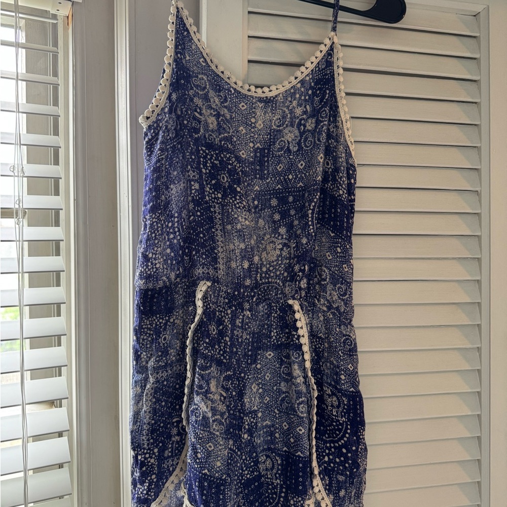 Blue Patterned Jumpsuit with White Trim